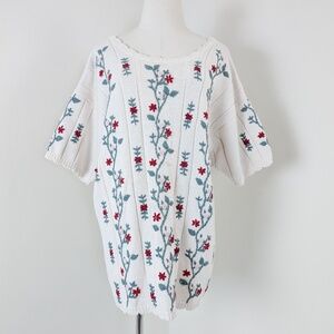 90s Floral Short Sleeve Knit Top Sweater Oversized Embroidered Cottagecore
